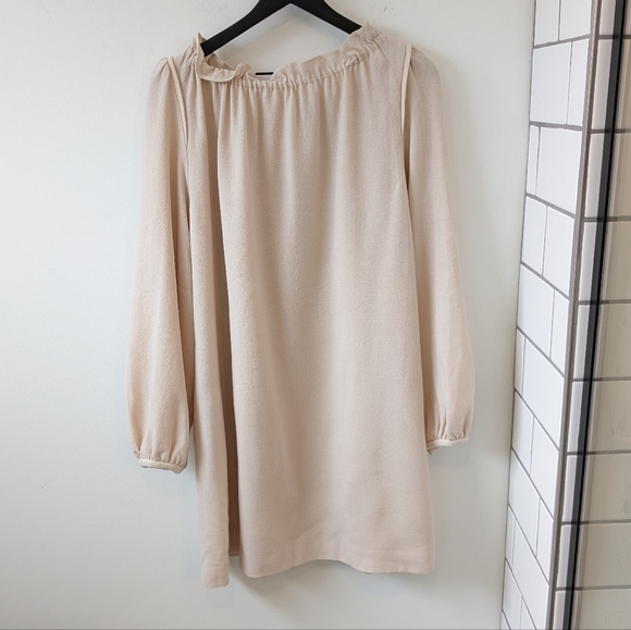 GOAT Jane Tan Wool Ruffle Neck Puff Balloon Sleeve Shift Dress - Picture 6 of 9